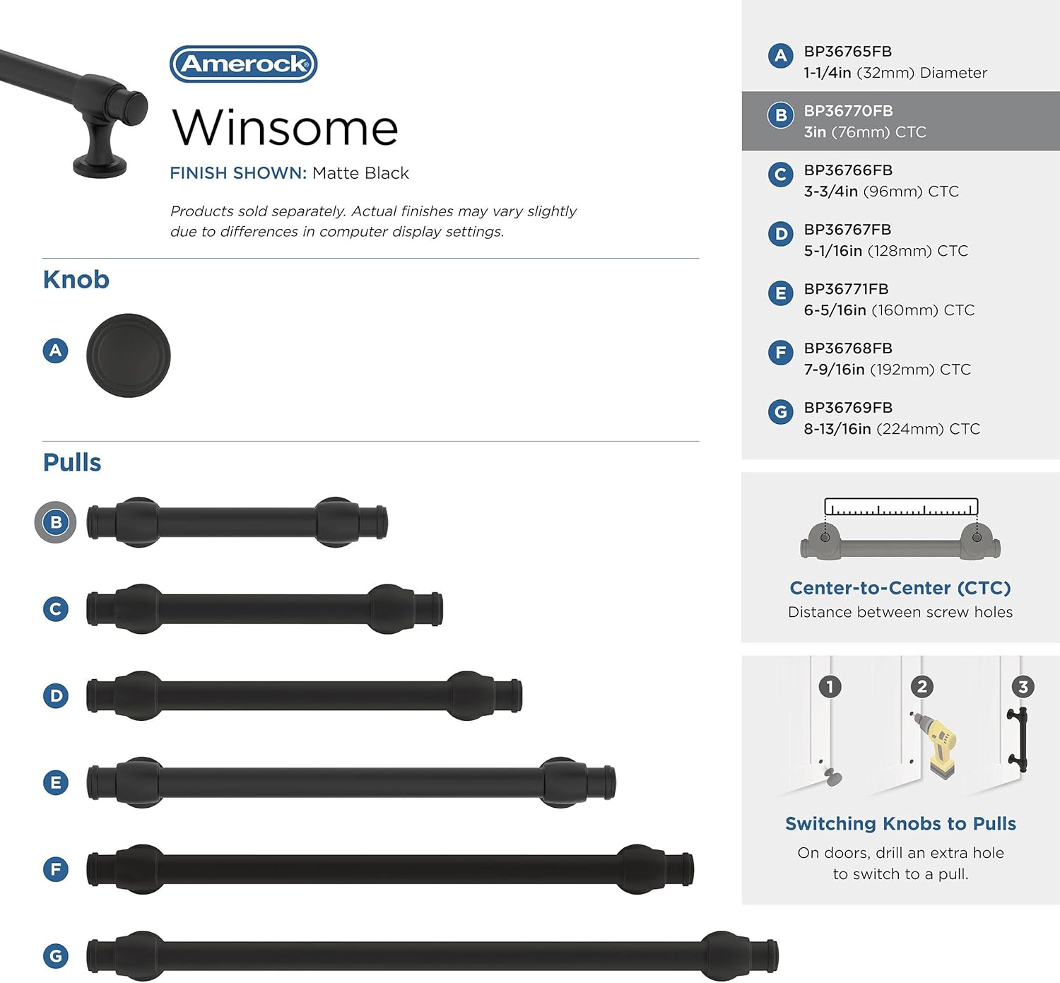 Amerock BP36770FB | Matte Black Cabinet Pull | 3 in (76 mm) Center-to-Center Cabinet Handle | Winsome | Drawer Pull | Kitchen Cabinet Handle | Furniture Hardware