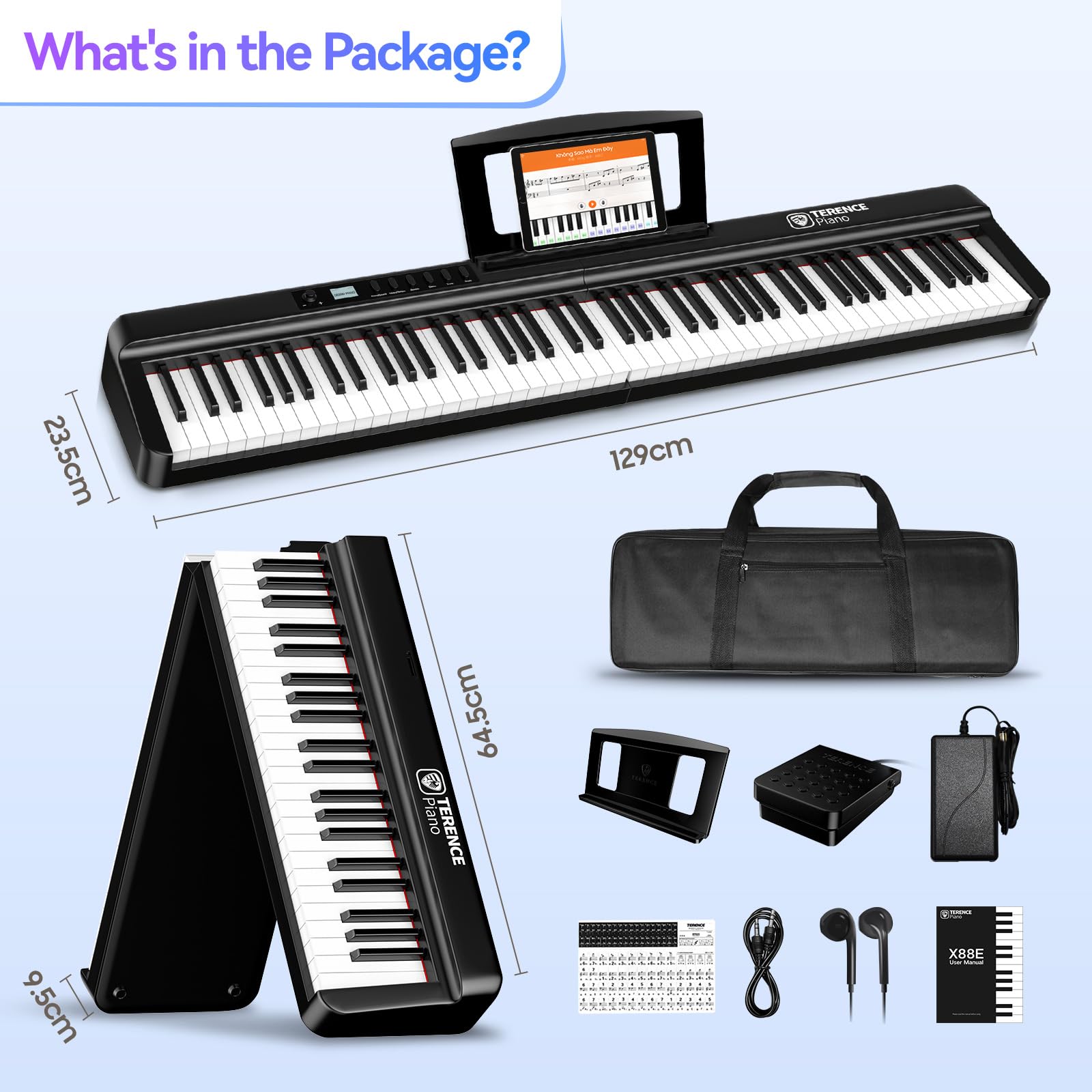 TERENCE pianoforte digitale 88 tasti pesati pieghevole con batteria da 2000 mAh supporto audio Bluetooth MIDI USB con altoparlante da 2 x 25W supporto per leggio