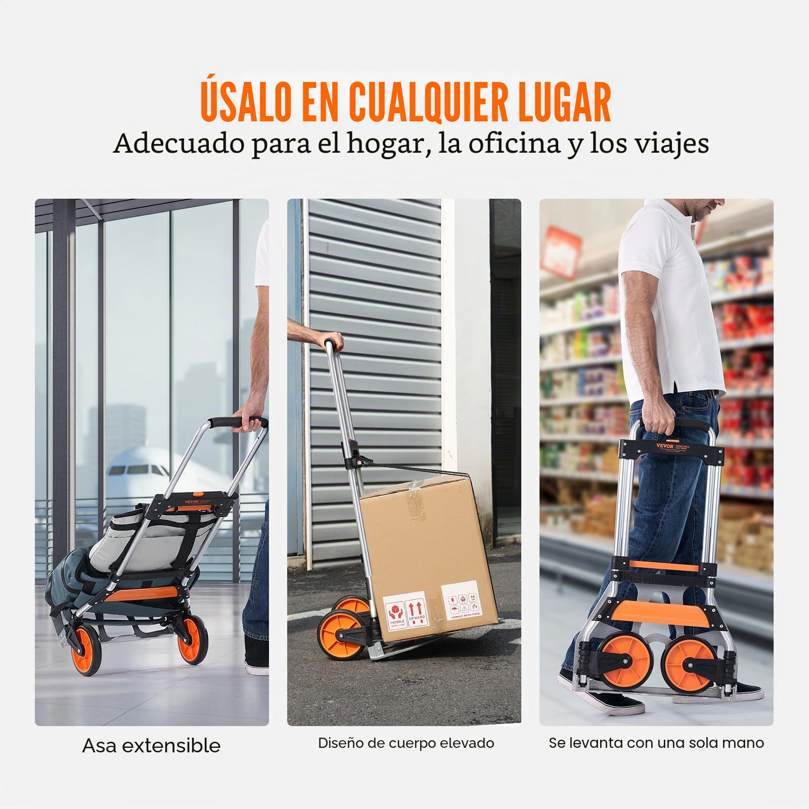 VEVOR Carretilla de Mano Plegable de Aluminio Carga 125 kg Carro de Mano con Ruedas de Goma Mango Telescópico