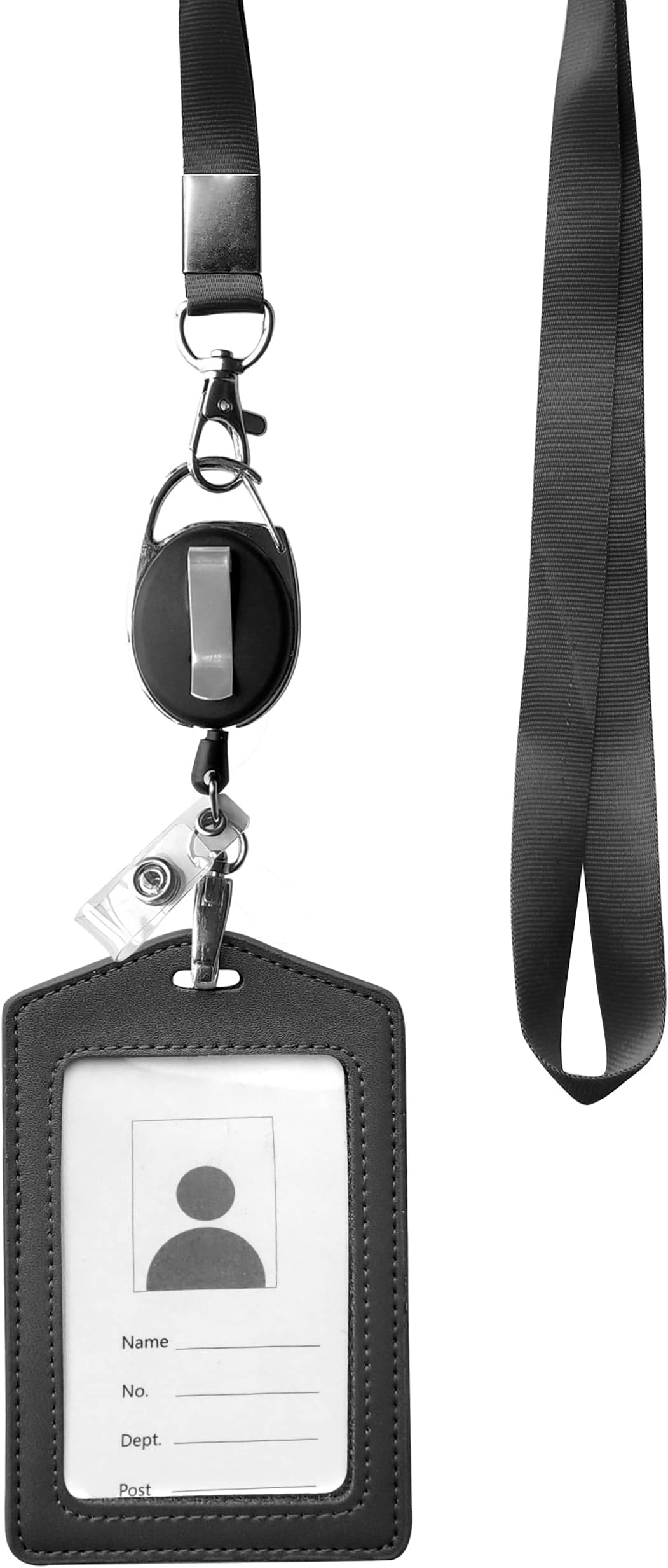 ID Card Case + Heavy Duty Lanyard (Black) + Badge Holder Retractable Reel Carabiner and Plastic Clip