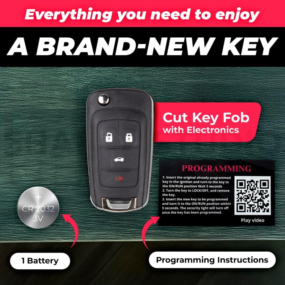 Cut Remote Flip Key Fob Replacement Fits for Chevy GMC Buick Cruz Equinox Malibu Impala Sonic Camaro Trax Terrain Lacrosse Regal Verano Encore 2010 2011 2012 2013 2014 2015 2016 2017 2018 (4 Button)
