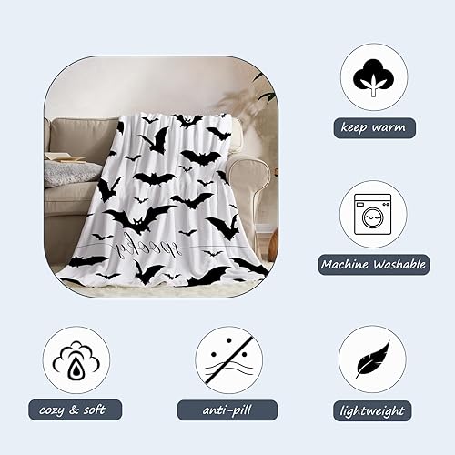 Miniatura 5 de Neatee Living Manta de Halloween tamaño individual, color blanco y negro, manta espeluznante de Halloween, ligera, mullida, suave, manta de forro