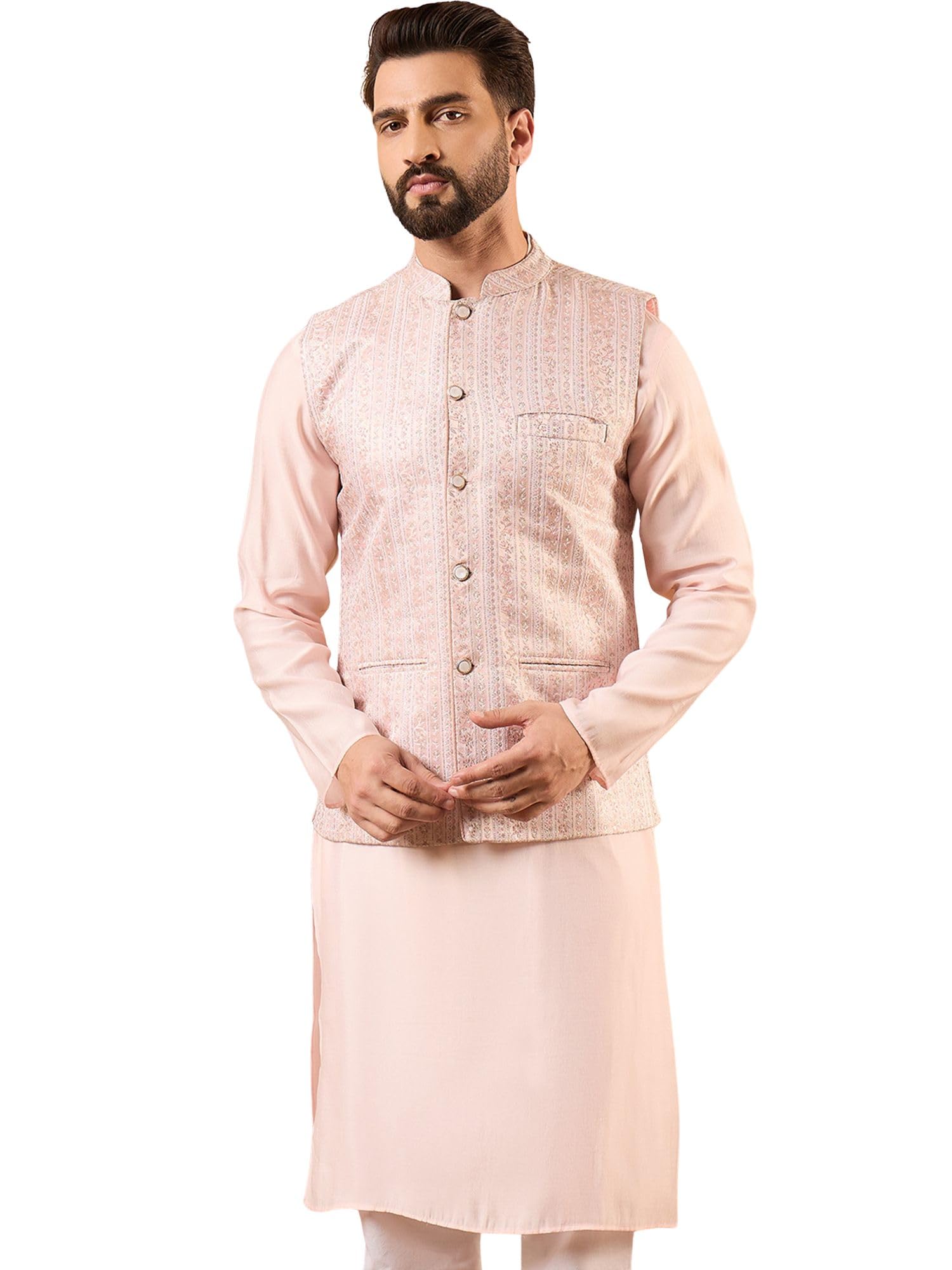 Mens Pink Silk Blend Woven Design Mandarin Collar Koti | Men's | Koti's for Men | Woven Design Kotis for Men's (MKOT1013, S)-picture-36