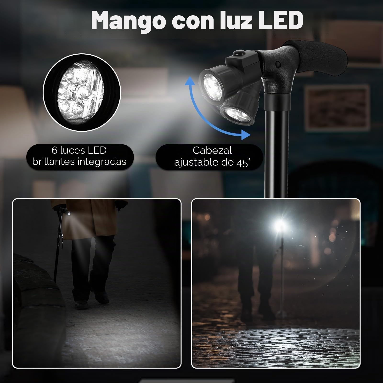 Bastón Plegable con luz LED, Ohuhu Bastones para Mayores Hombr Ajustable en Altura Ligero Palo Plegable Bastón no Deslizamiento con mango en T y base pivotante, Unisex Adulto