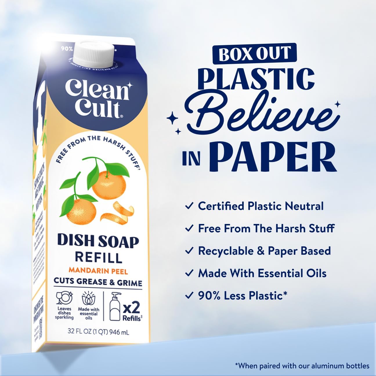 Cleancult Dish Soap Liquid Refills - Plant Based Cleaning Power - Cuts Grease & Grime - Free of Harsh Chemicals - Uses 90% Less Plastic - Mandarin Peel - 32 oz/3 Pack