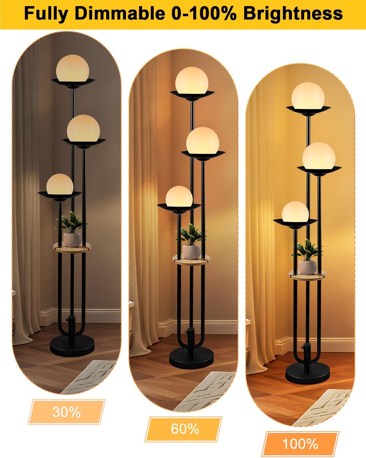 63IN Globe Floor Lamp with Table, 3-Lights Modern Dimmable Floor Lamps with 3000K Soft Warm White Bulbs for Wedding/Party, Black Tall Standing Lamp for Living Room/Bedroom
