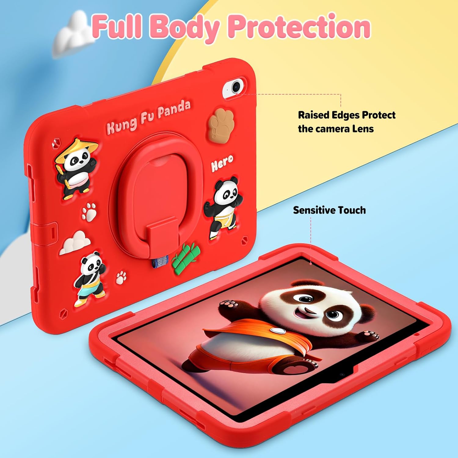 Case for iPad A16 11th Generation 11 Inch 2025, iPad 10th Generation 10.9 Inch 2022, Silicone 3D Panda Design Kids Case Heavy Duty Protection with Kickstand/Pencil Holder/Strap (Red)