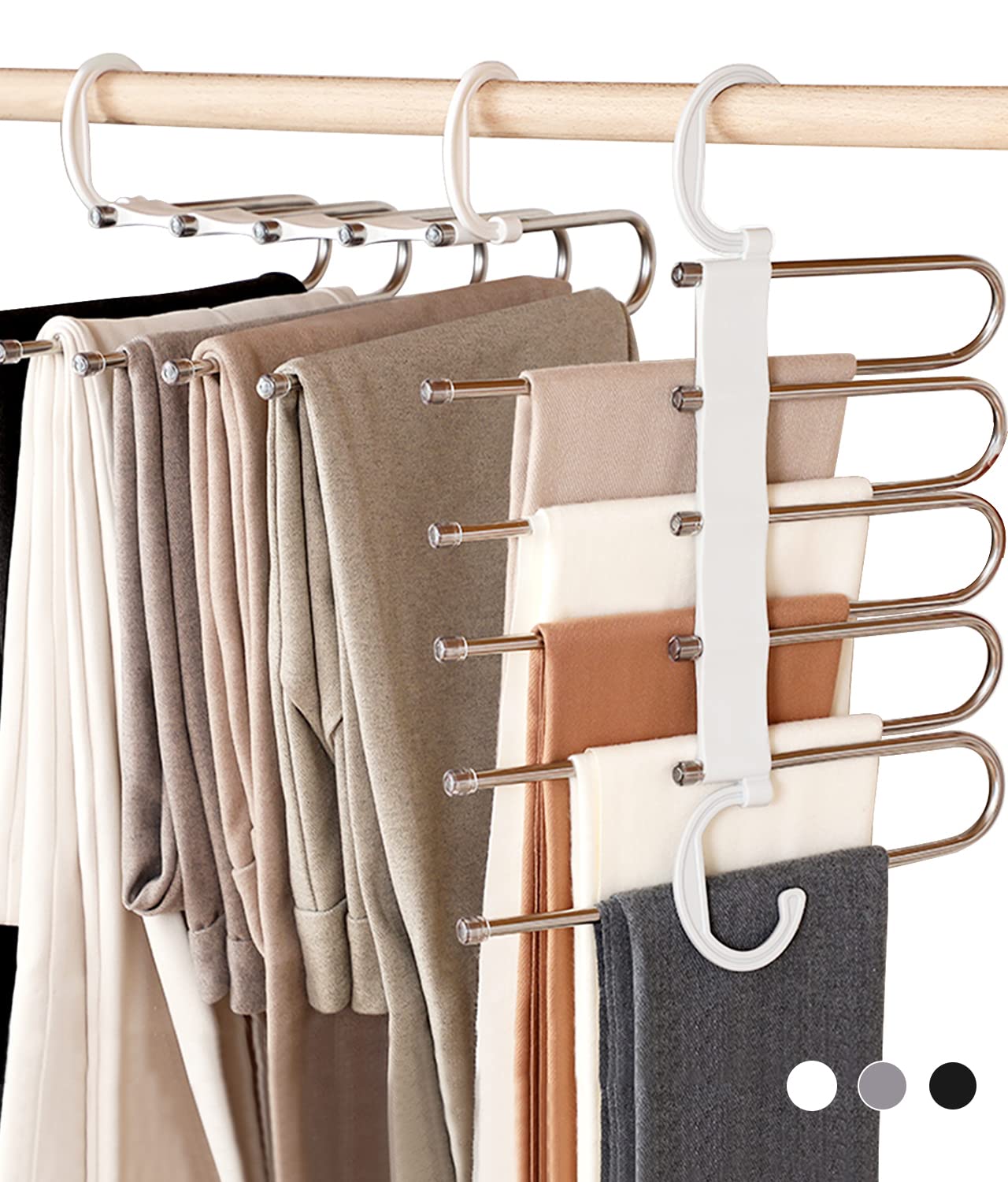 AIR&TREE 2 Pack Pants Hangers Space Saving,Anti-Rust Pants Organizer,Durable and Sturdy Installed Hangers for Pants Scarf Jeans Slack Trousers Ties Towels in Closet,5 in 1(White)