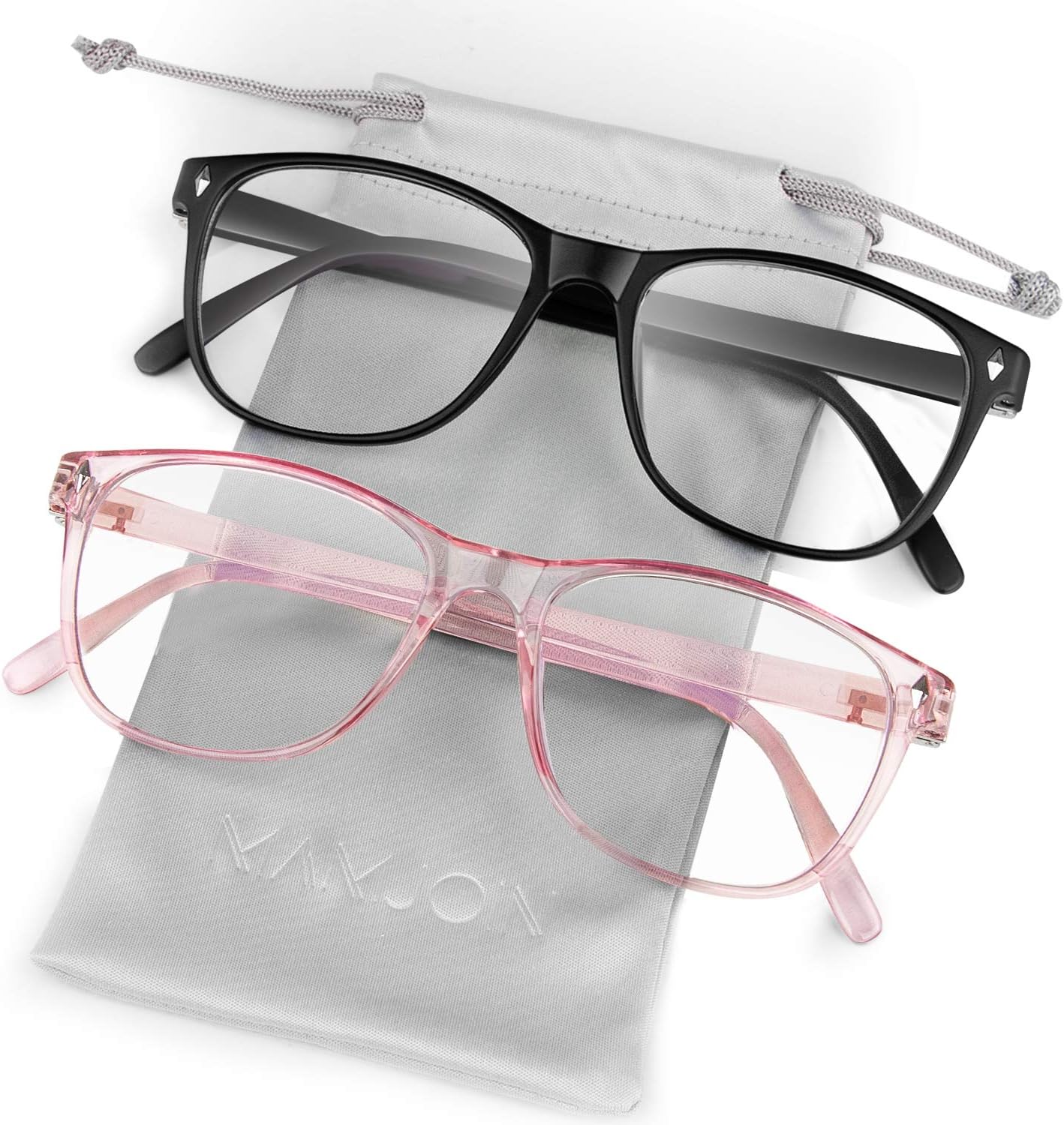 Computer Glasses, Anti Eye Strain Blue Light Blocking Glasses Clear Lens Square Eyeglasses Frame for Men Women Youth Computer Reading Gaming, 2 Pack Black and Pink