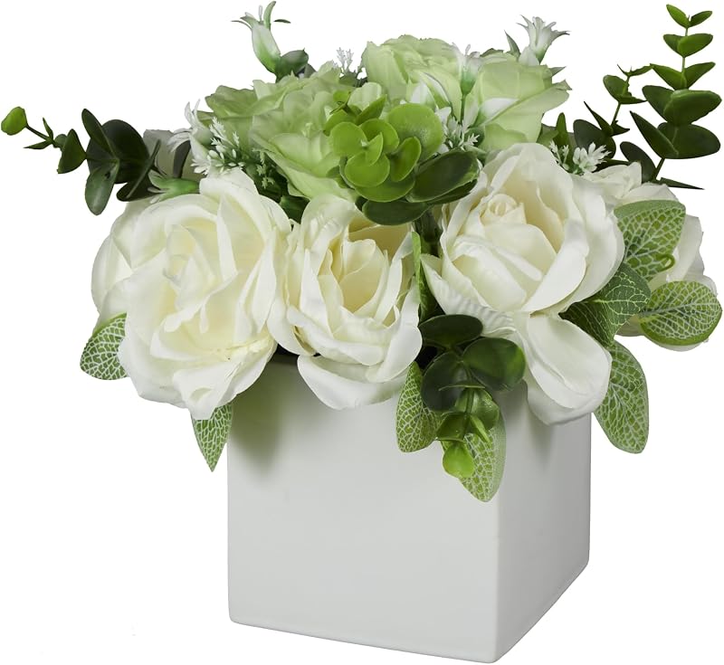 Deco 79 Flor artificial de tela con hojas verdes y jarrón cuadrado de cerámica, 9" x 9" x 10", blanco
