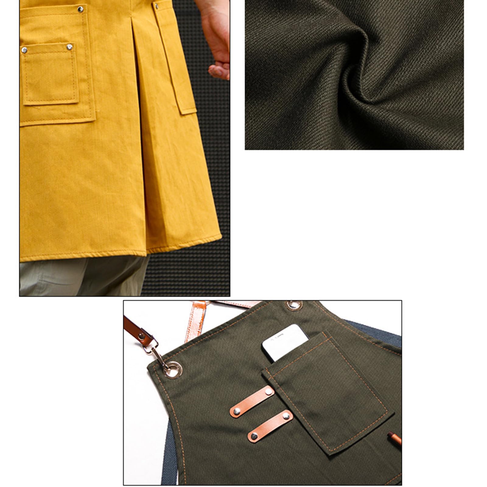 Delantales de trabajo, Delantales de peluquero, delantal chef con pierna dividida, lona ajustable espalda cruzada y bolsillos, amarillo