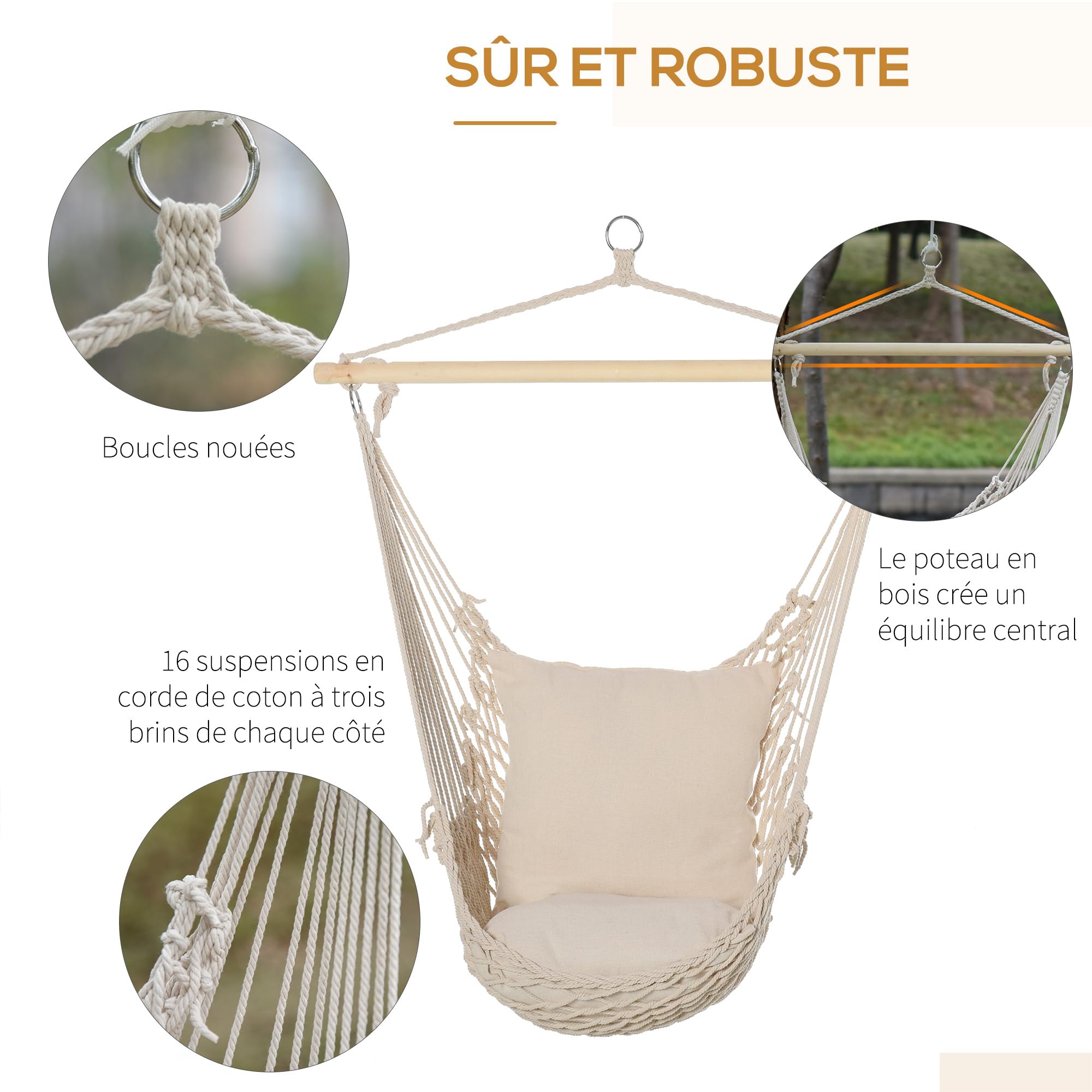 Outsunny Fauteuil Suspendu extérieur et intérieur, Chaise Suspendue Portable avec Coussins, Tissage en Coton, siège Suspendu extérieur, Chaise hamac balançoire, Charge 120 Kg, Blanc