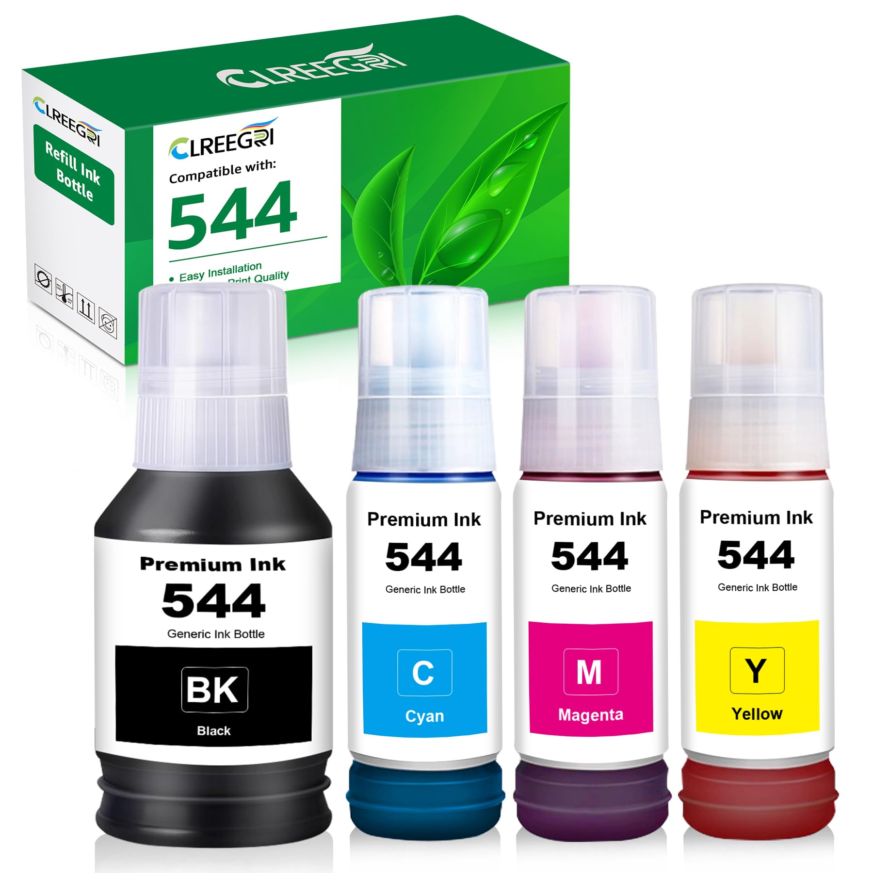 CLREEGRI Compatible T544 Ink Bottle Replacement for Eps 544 T544120 Black T544220 T544320 T544420 Color Ink with L1210 L1250 L3110 L3150 L3160 L3210