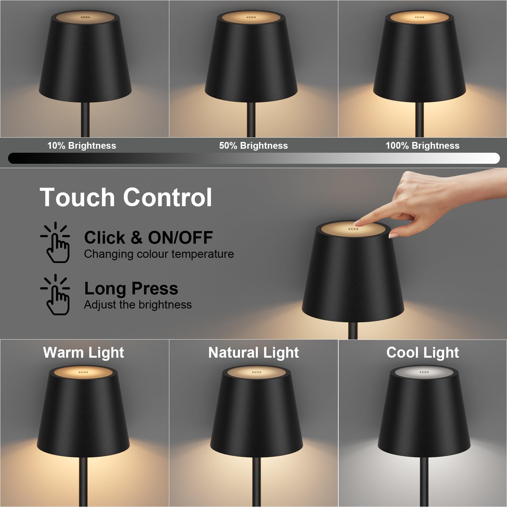 LED kabellose Akku Stehlampe, 3000K-6000K dimmbare Stehleuchte, aufladbare outdoor Stehlampe, Touch Control für Innen & Außen, Wohnzimmer, Balkon, etc. Schwarz