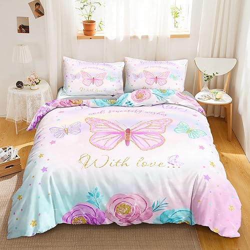 CVHOUSE Juego de funda de edredón de mariposa tamaño matrimonial, juego de ropa de cama con estampado de mariposas para niñas, niños y adolescentes,