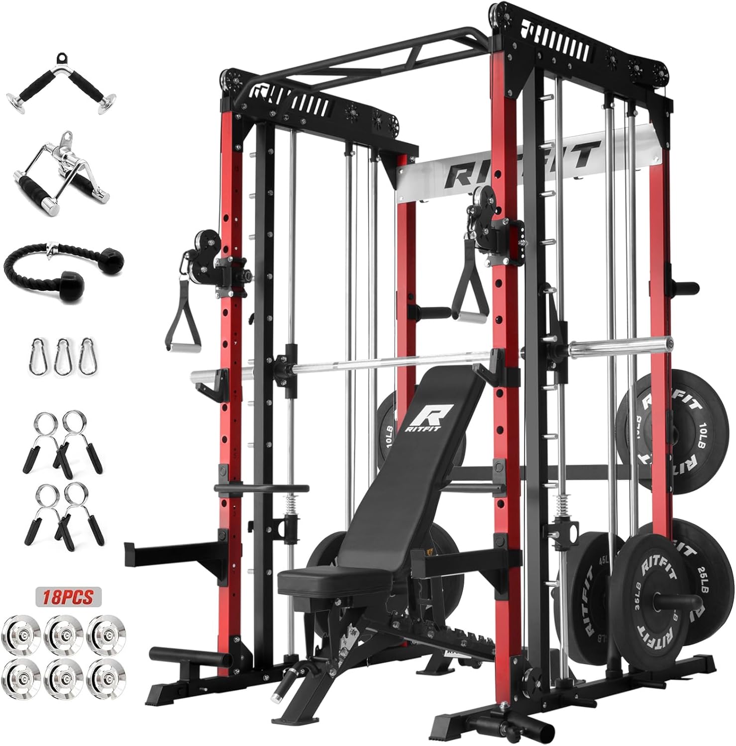RitFit M1 Pro Smith Machine Package, All-in-One Power Cage with Weight Stack Set, Includes LAT Pulldown & Cable Crossover System for Home Gyme