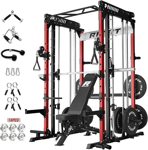 Miniatura 17 de RitFit M1 Pro Smith Machine Package, All-in-One Power Cage with Weight Stack Set, Includes LAT Pulldown & Cable Crossover System for Home Gyme Rojo