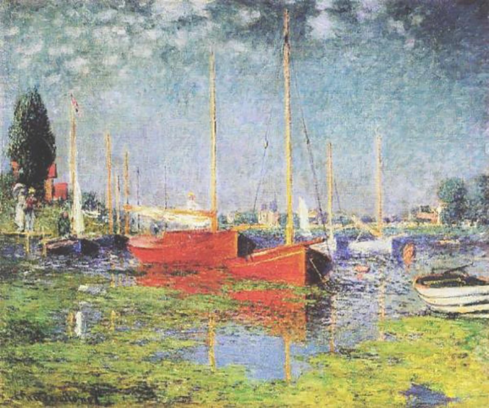 Cuadro pequeño de Monet Red Boats con marco marrón para paredes vacías