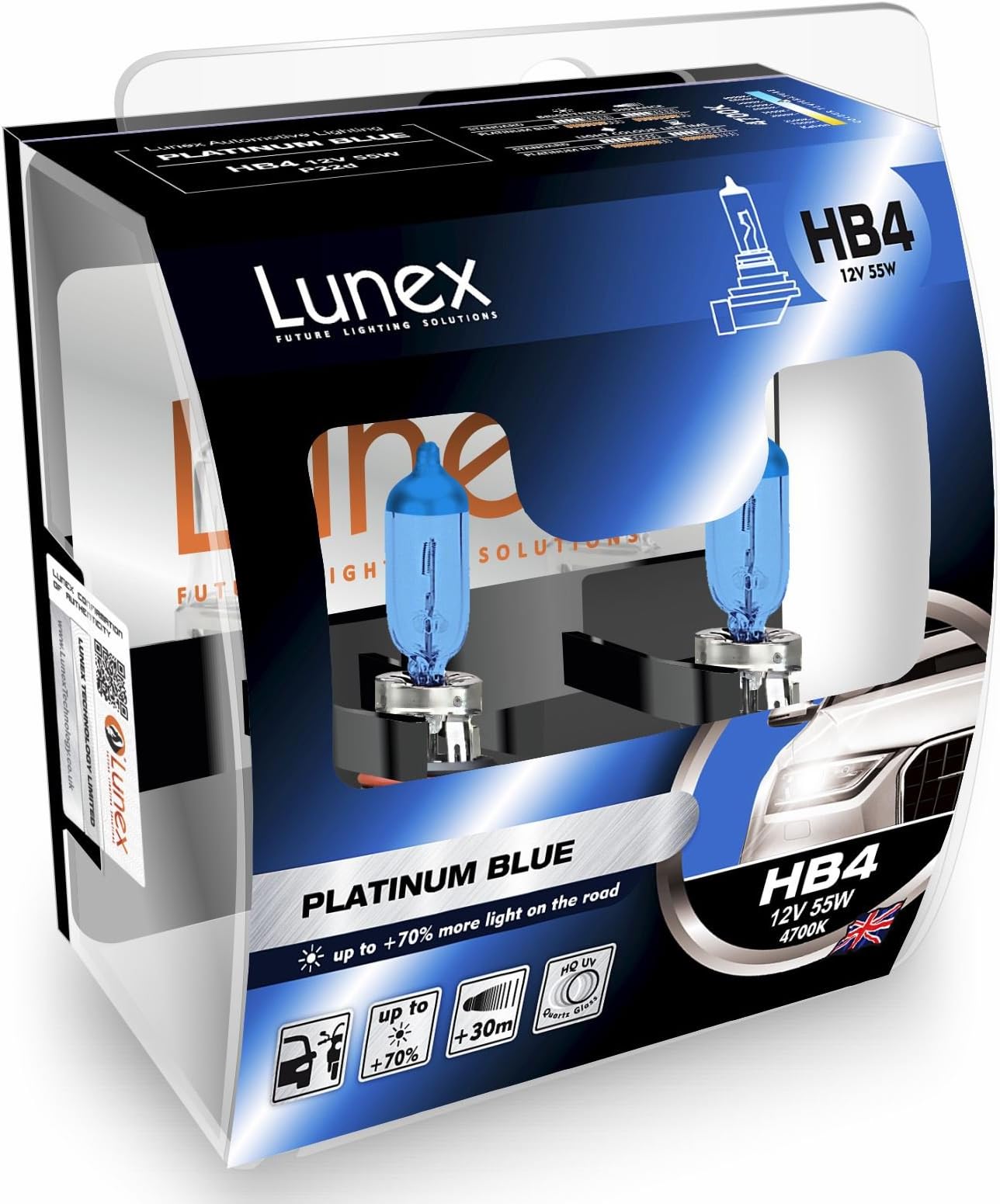 Lunex HB4 9006 PLATINUM BLUE Headlight Halogen Bulbs 12V 55W P22d 4700K duobox (2 units)
