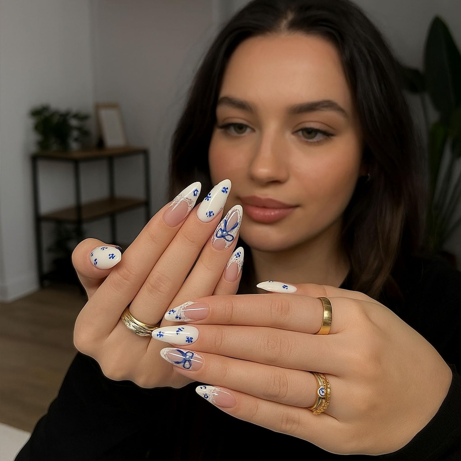 Elegant French Tip Press-On Nails with Floral Bow & Lace Design in Long Almond Shape - Image 4