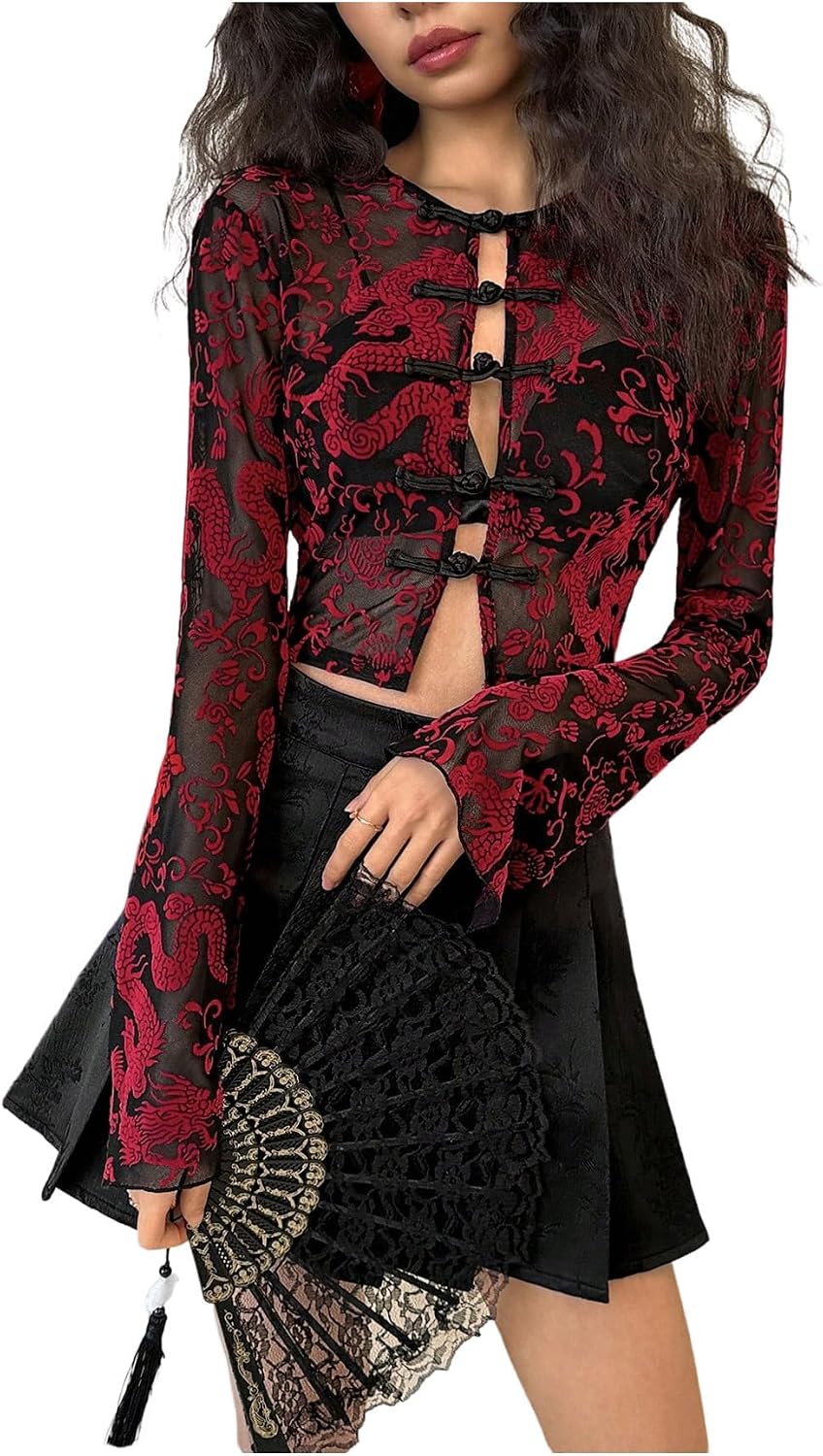 SOLY HUX Women's Mesh Sheer Cheongsam Top Dragon Print Button Down Long Sleeve Going Out Crop Tops Blouse