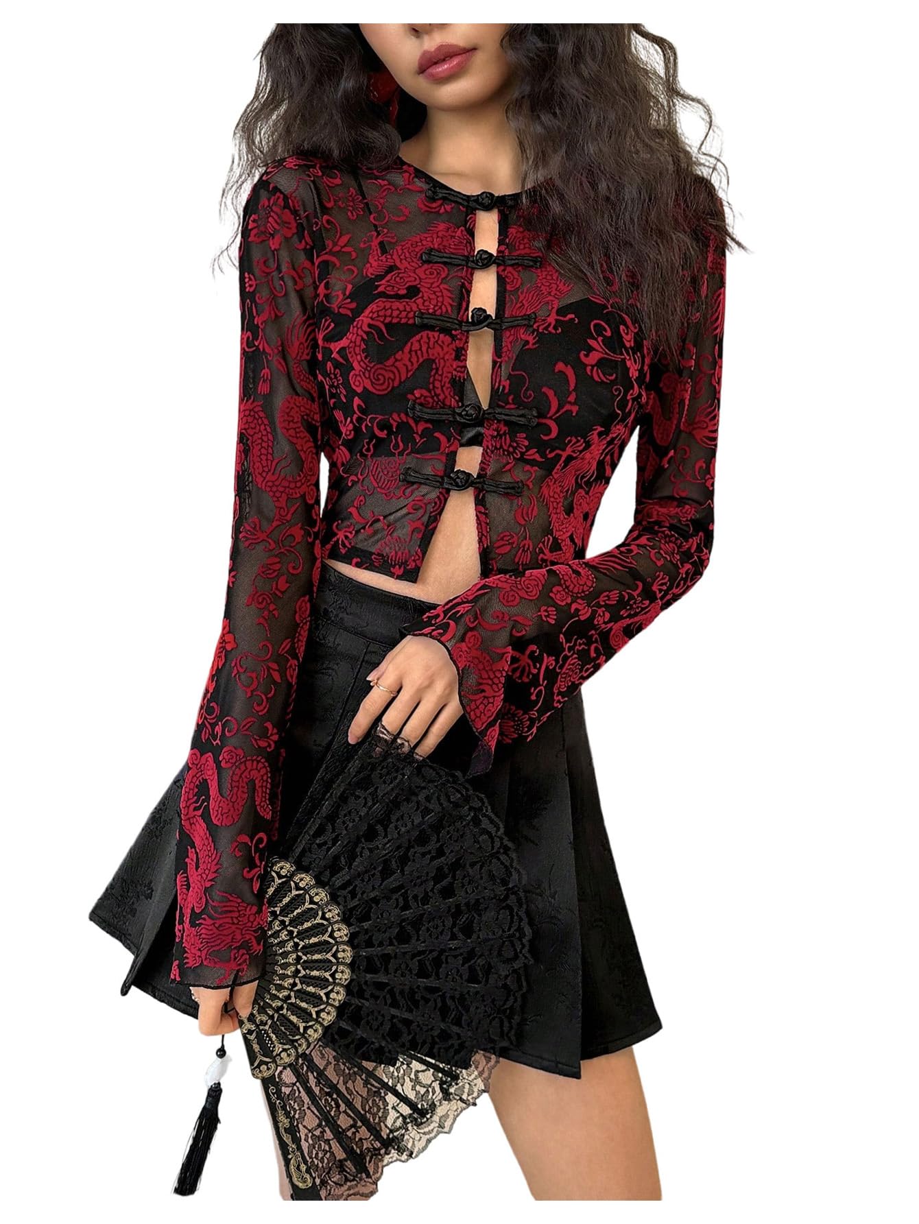 Women's Mesh Sheer Cheongsam Top Dragon Print Button Down Long Sleeve Going Out Crop Tops Blouse
