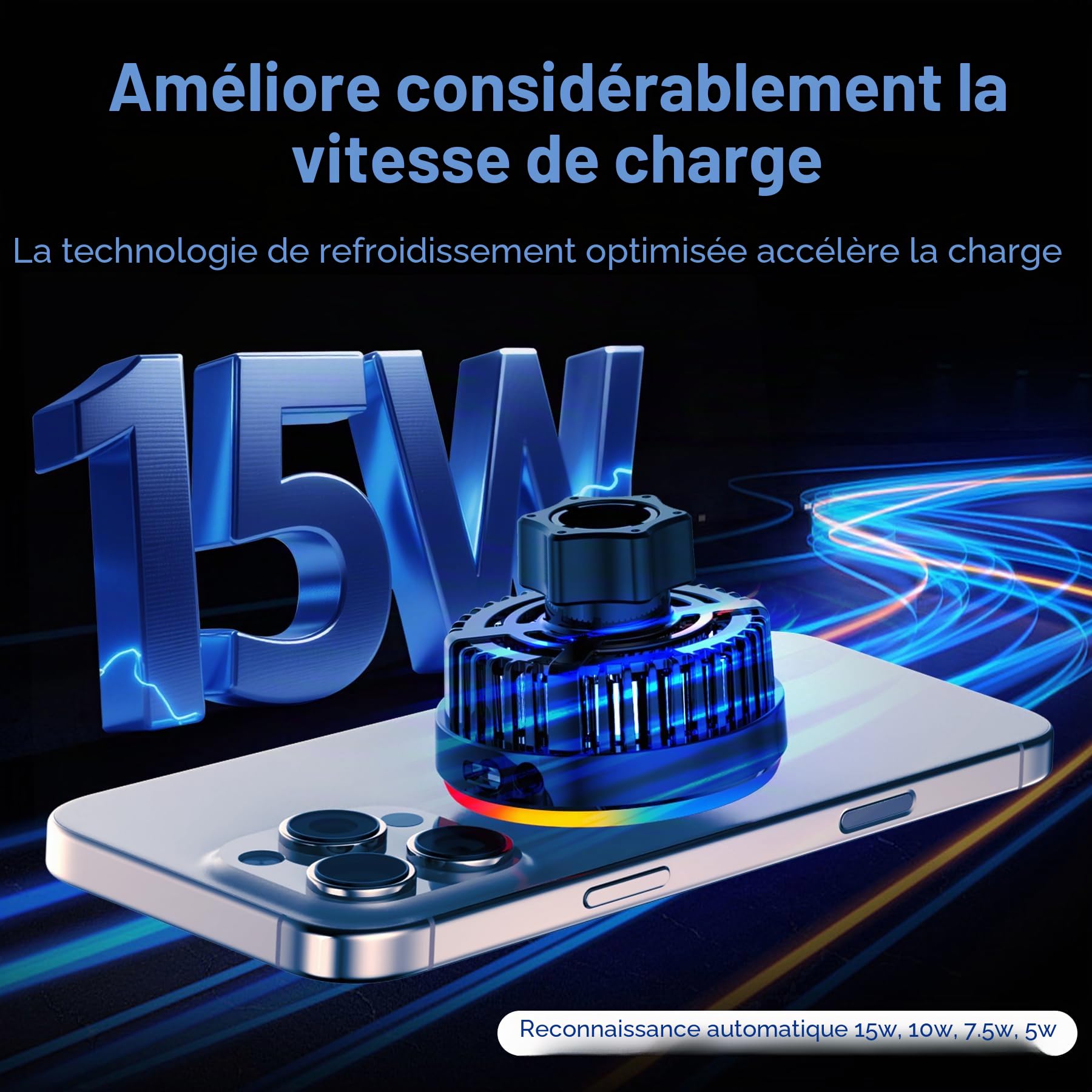 SERUW Support magnétique de chargeur de voiture sans fil 15 W, technologie de réfrigération semi-conductrice, support de téléphone pour grille d'aération et tableau de bord, compatible avec iPhone et