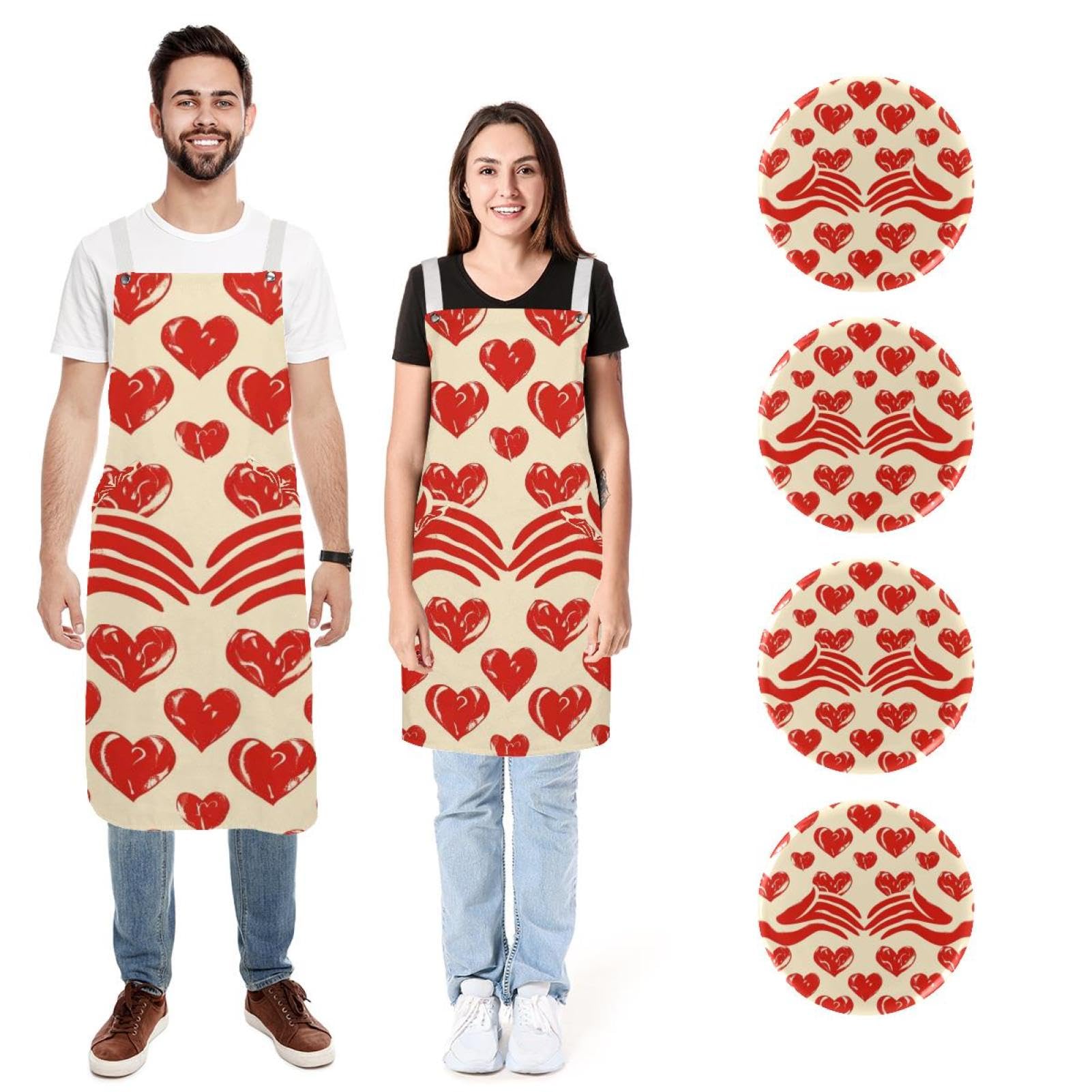 Lot de 2 tabliers de cuisine doux et réglables avec 2 grandes poches pour homme et femme Motif cœur Rouge, Imprimé cœur rouge, L:26.2x34.6in/66.5x88cm;M:26.2x26.6in/66.5x67.5cm