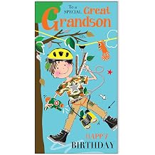 Jonny Javelin Birthday Card for Great Grandson - Adventurous Boy Design - Embossed Silver Foil Finish - Premium Greeting Card with Envelope