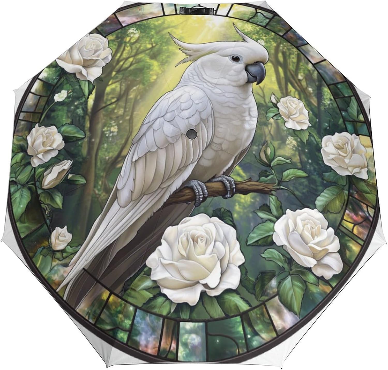 Stained Glass of A White Cockatoo Folding Umbrella 3 Folds Auto Windproof Travel Umbrellas Strong Lightweight Umbrellas for Outdoor Sun & Rain