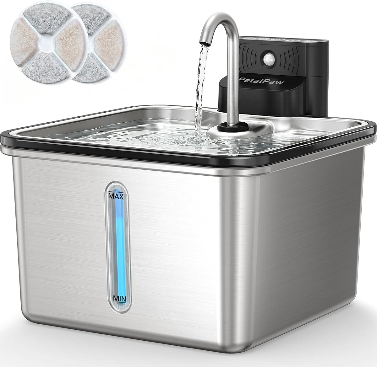Fuente de agua inalámbrica para gatos, separación de agua y batería, diseño de grifo | PETALPAW Fuente para Gatos de Acero Inoxidable, 4000 mAh, Dispensador de Agua inalámbrico para Mascotas de 3,5 L para Gatos de Interior y Perros pequeños, Plata