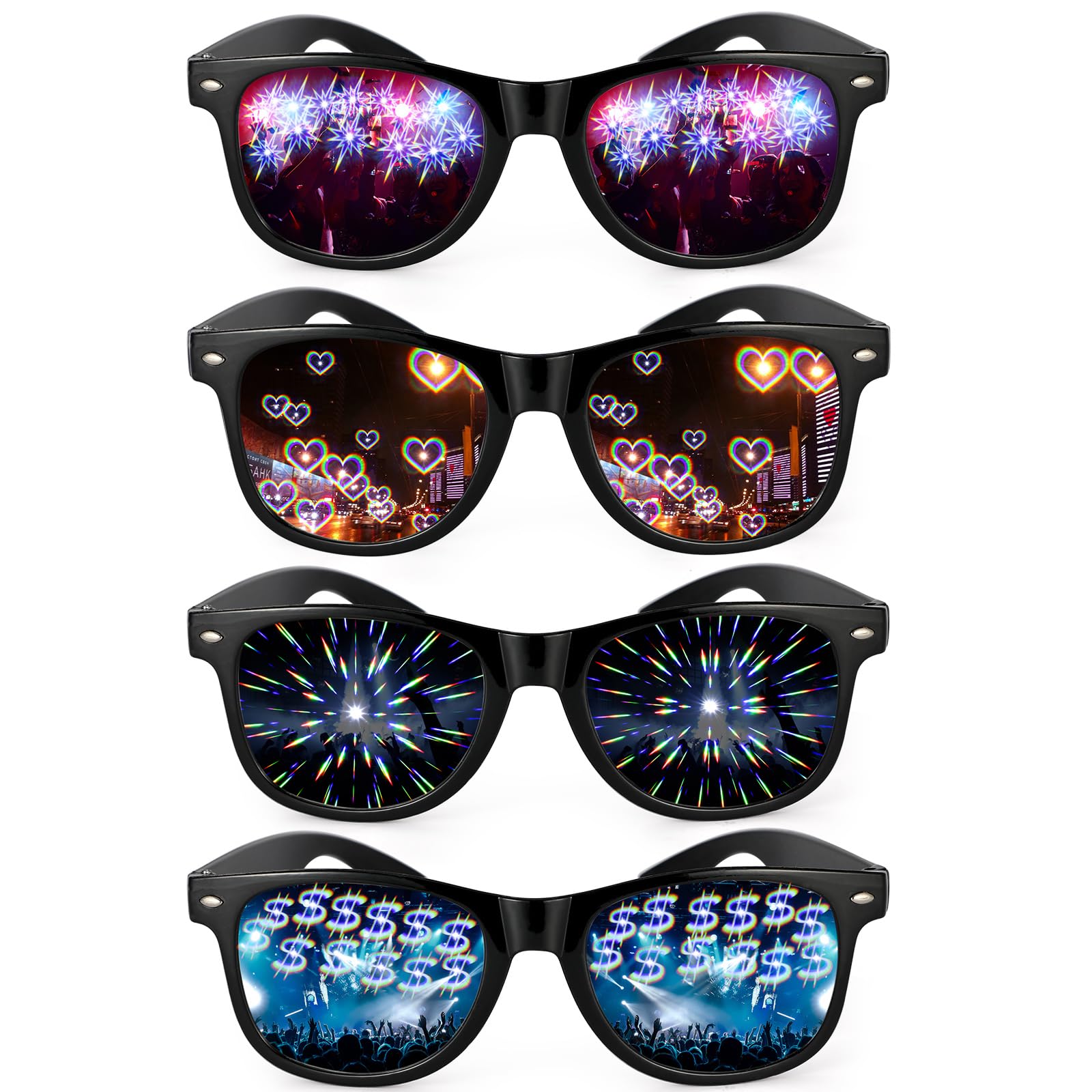 4Pcs Diffraction Glasses, 3D Prism Rainbow Heart Star Dollar Effect with Black Frames, Refraction Glasses Light Diffraction Glasses Rave Glasses Men Women for Edm Concert Party Club Rave Accessories