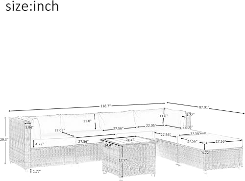 Miniatura 9 de Grupo de asientos seccionales de ratán de 7 piezas con cojines, juego de sofá de mimbre de polietileno para todo tipo de clima con mesa auxiliar,