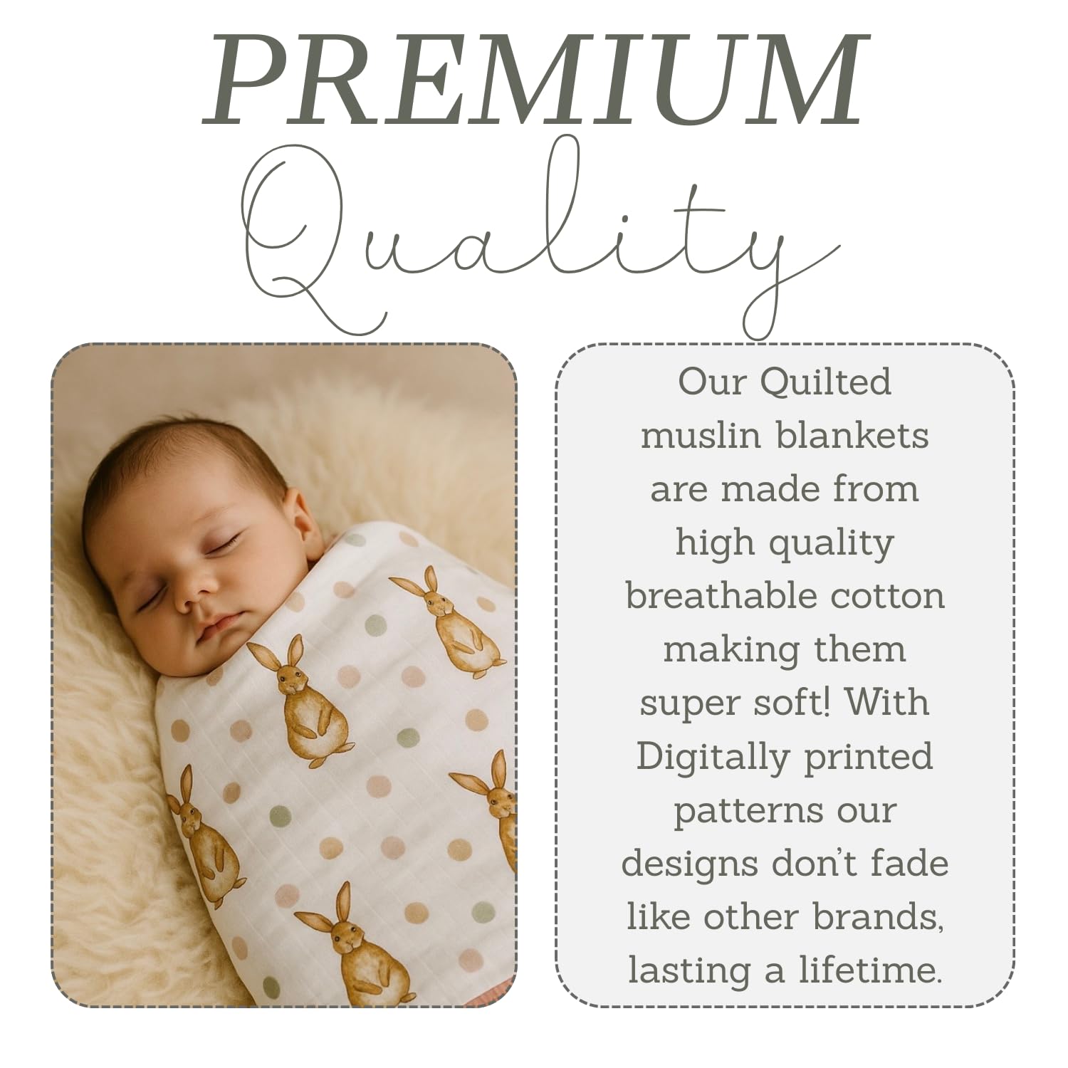 Baby J's - Quilted Muslin Blanket - 120x120cm - Bunny Design, Quilted Bunny, X-Large (120 x 120 cm) - Image 4