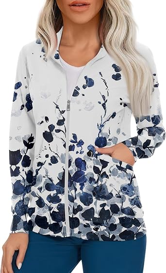 Scrub Jackets for Woman Zip Up Long Sleeve Tops Print Plus Size Womens Scrubs for Women Nursing Shirts with Pockets