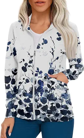 Scrub Jackets for Woman Zip Up Long Sleeve Tops Print Plus Size Womens Scrubs for Women Nursing Shirts with Pockets