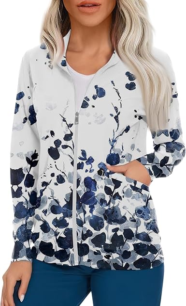Scrub Jackets for Woman Zip Up Long Sleeve Tops Print Plus Size Womens Scrubs for Women Nursing Shirts with Pockets