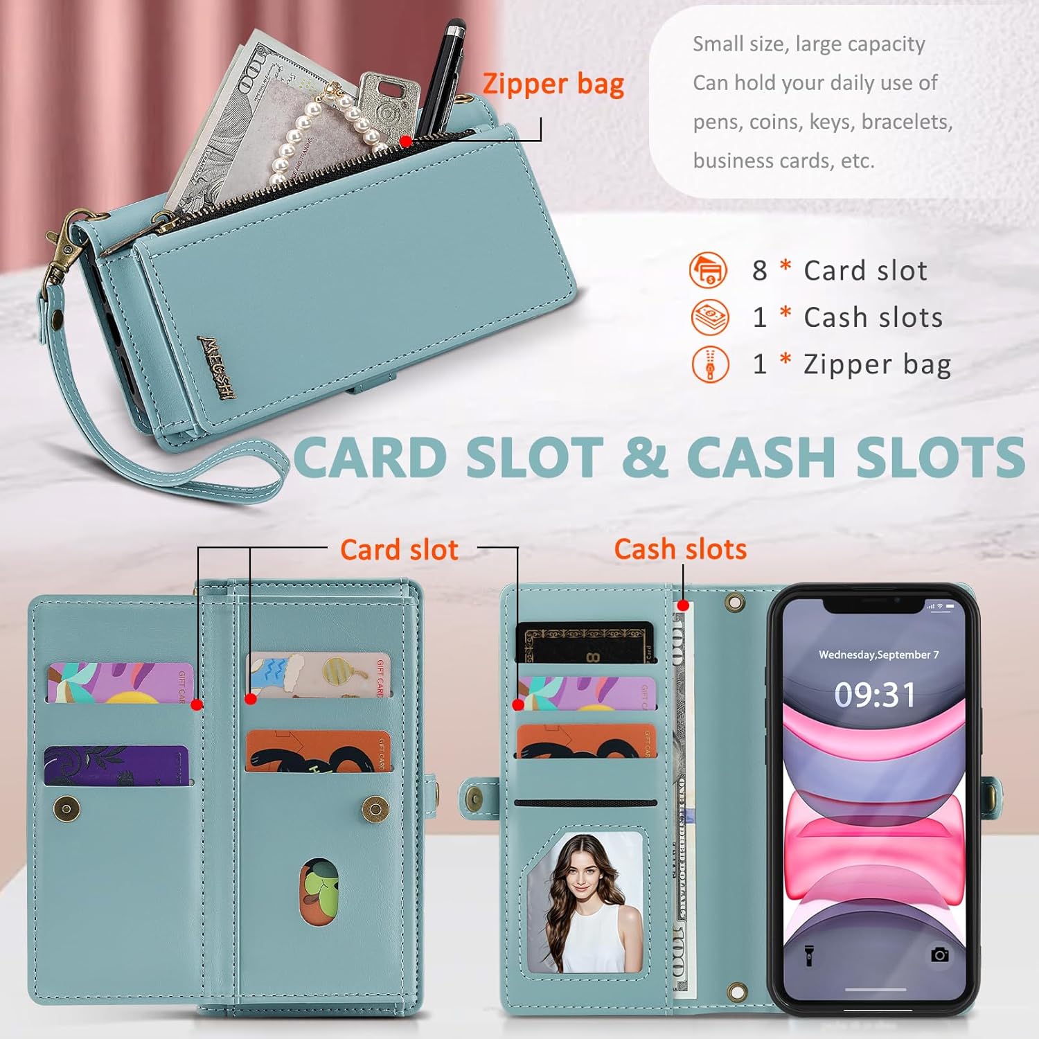 for iPhone 11 Wallet Case, Detachable Magnetic Phone Case,Faux Leather Strap Wallet,with RFID Blocking,Zipper Card Holder,Shoulder Straps (Blue)