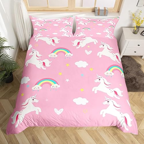 Juego de ropa de cama de unicornio para niñas, funda de edredón con estampado de caballo de ensueño para dormitorio de bebé, decoración de animales