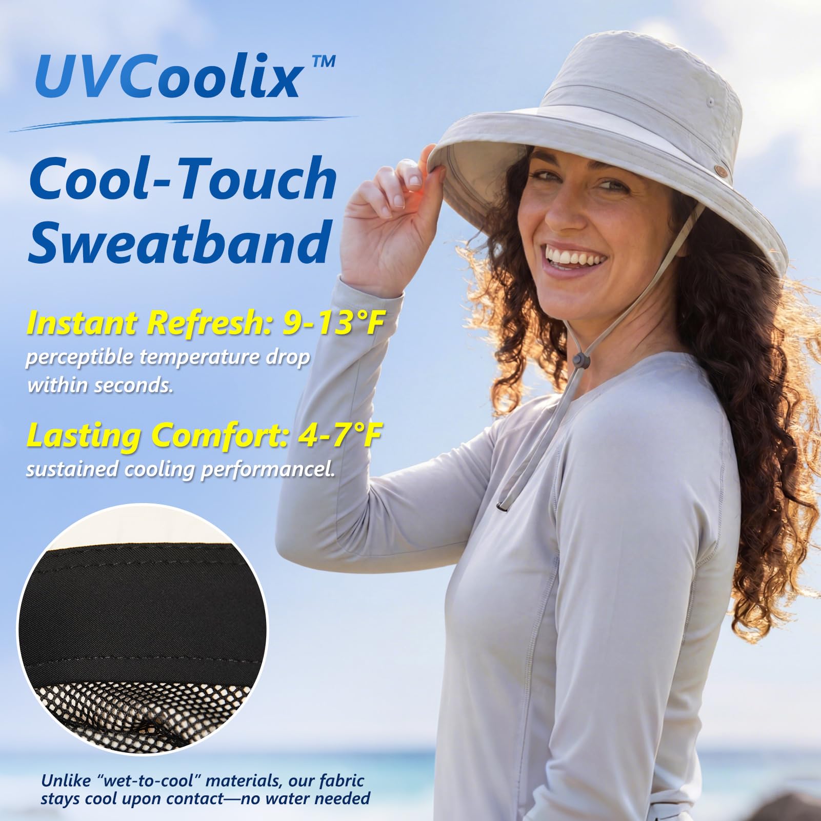TOP-EX UVCoolix™ - Chapeau de soleil rafraîchissant pour femme - Protection UV UPF 50+ - Large bord - Pliable - Avec ouverture pour queue de cheval - Pour la plage, la randonnée, le jardinage