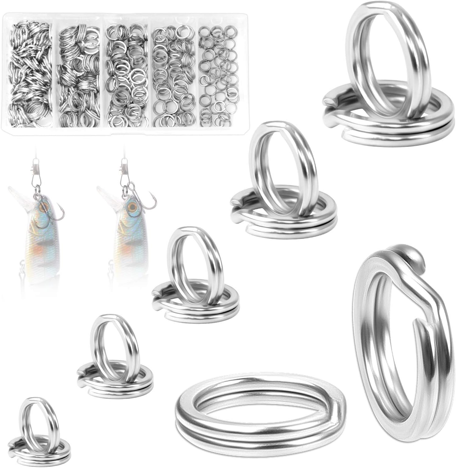 250 Pcs Stainless Steel Fishing Split Rings (5 Size) Fishing Tackle Ring, Fishing Double Ring Connector for Jigging Fishing Hooks Fishing Lures Tackle