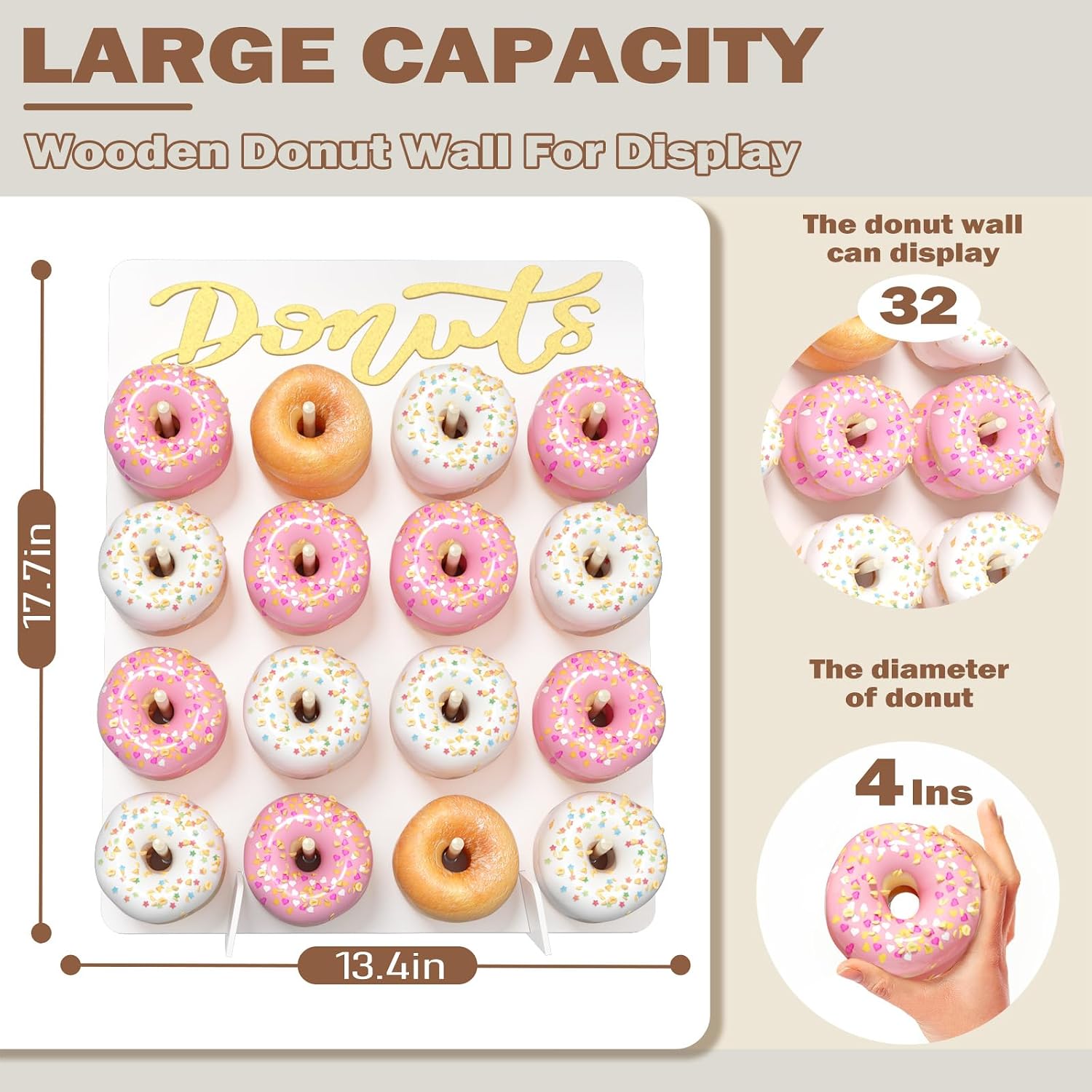 Donut Wall Display Stand, 1 Pack Wood Donut Peg Board Holds 16 Donuts, Large Donut Display Stand for Party, Donut Holder Stand Party Decorations,(White)
