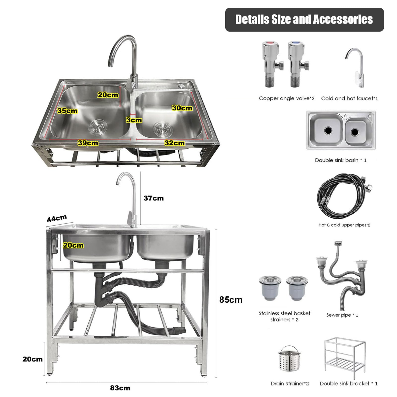 Évier Portable Mobile autoportant en Acier Inoxydable, Ensemble de Jardin extérieur avec étagère de Rangement, Double cuve, bac à lessive et Robinet d'eau Chaude et Froide pour res