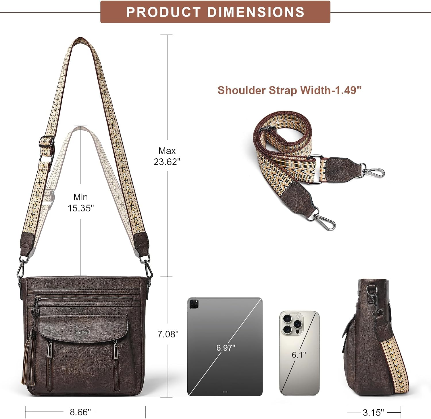 Shrrie Leather Crossbody Bags for Women, Multiple Pockets Crossbody Purse with Wide Strap, Magnetic Snap Shoulder Handbags