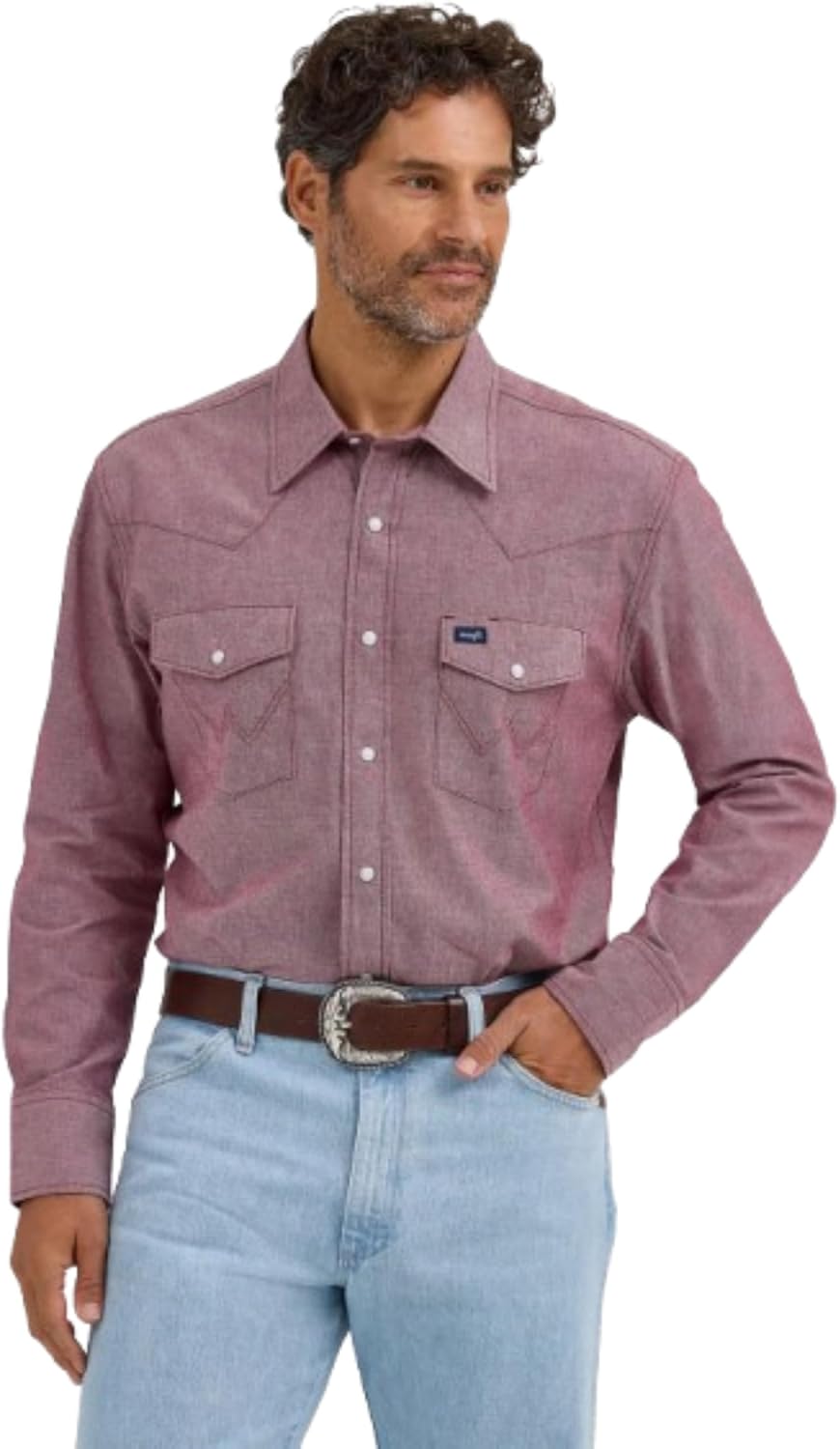 Wrangler Men's Cowboy Cut Western Chambray Snap Long Sleeve Brown Work Shirt