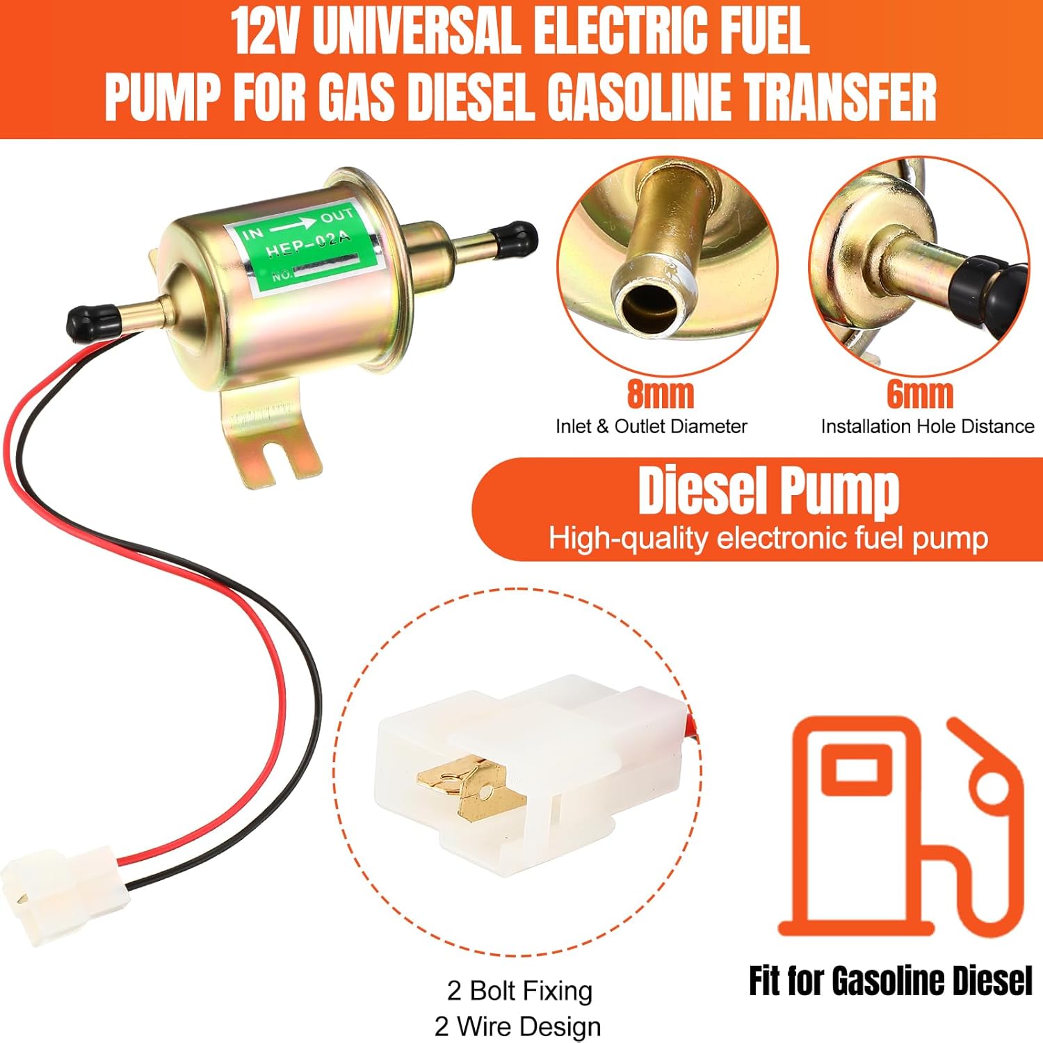 Threlaco 2 Pcs Electric Fuel Pump Kit 12v Universal Low Pressure 4-7 Psi Gas Diesel Inline Pump with 2 Fuel Filter and 8 Hose Clamp Carburetor Hep-02a Lawn Mower Transfer Machine(Gold)