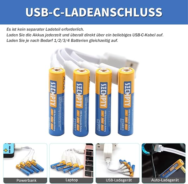 SZEMPTY Batterie ricaricabili al litio AAA, 1,5 V, USB, agli ioni di litio, 750 mWh con cavo di ricarica di tipo C, ricarica rapida in 1 ore, confezione da 4 - 2