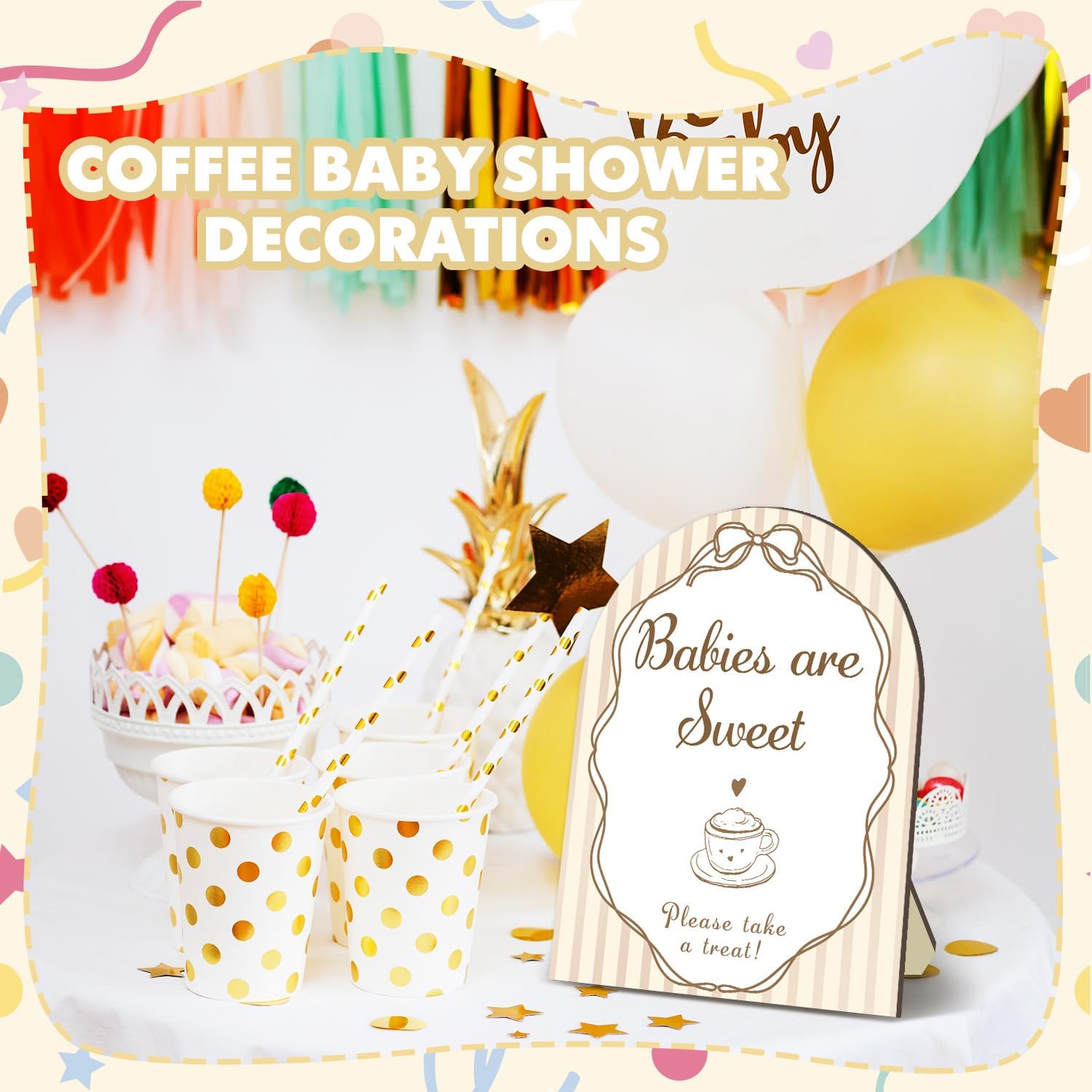 Coffee Baby Shower Table Decorations,Arched Wooden Dessert Table Sign with Stand,Neutral Boho Rustic Candy Bar Sign and Treat Station Decor for Gender Neutral Party Supplies,Beige Tabletop Plaque image 5