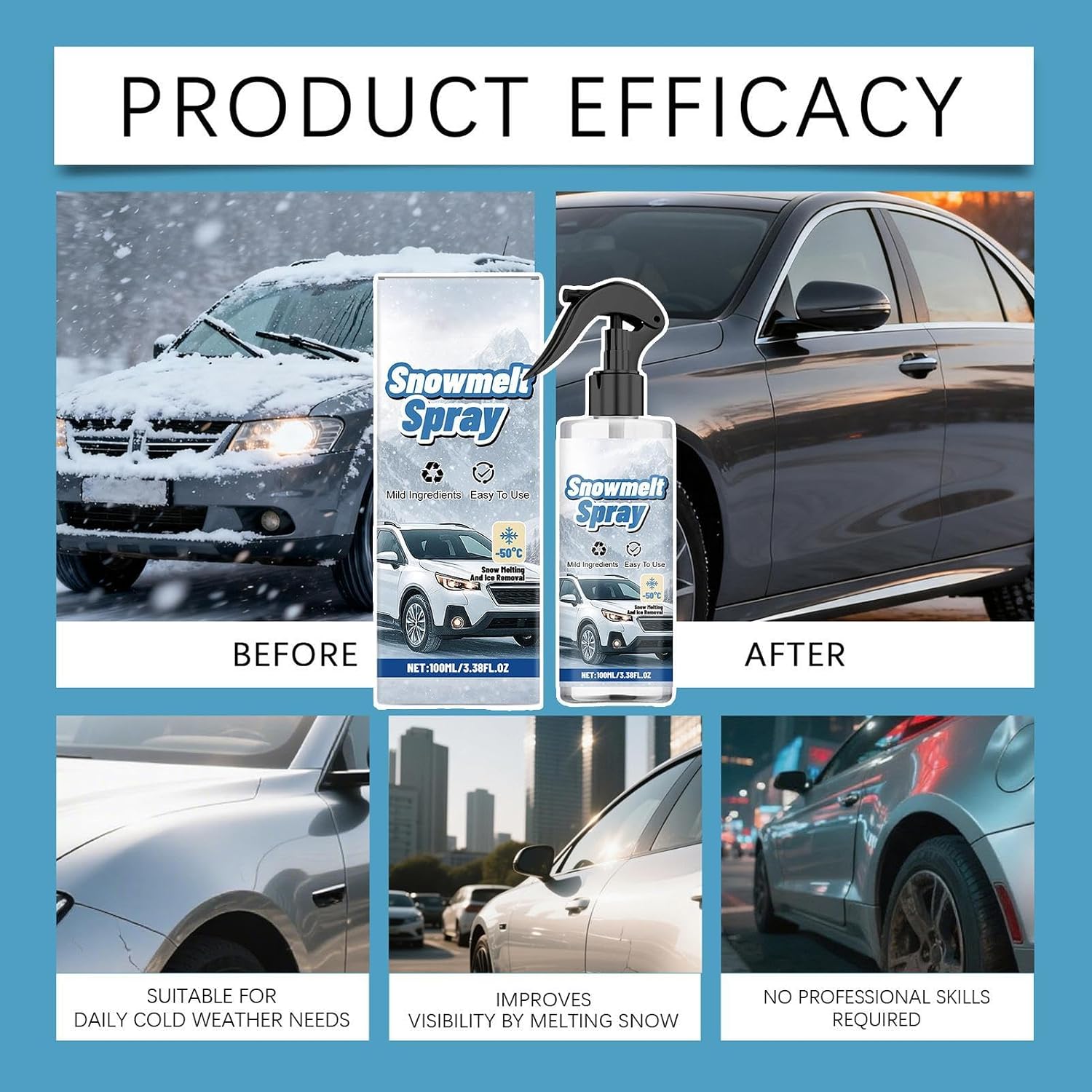 Deicer for Car Windshield, Fast Acting Deicing Agent, 100ml Anti Freeze Ice Melt for Truck, Sedan, Pickup, Scooter, SUV, Window, Glass, Mirrors