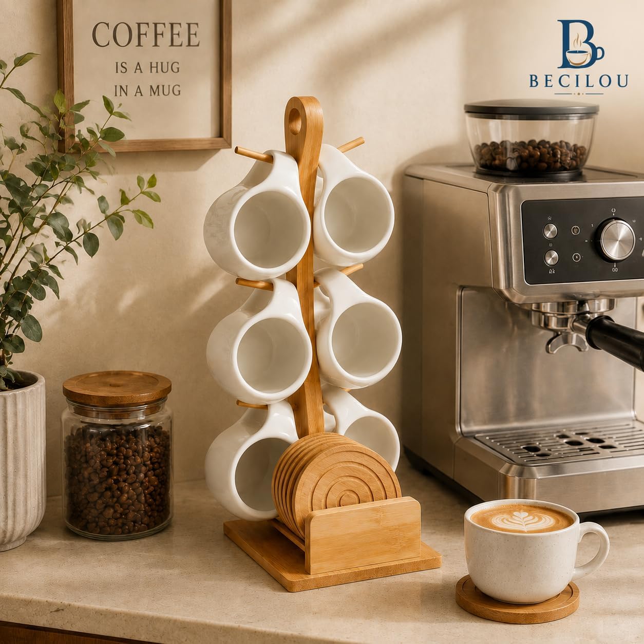 Coffee Mug Set of 6 with Bamboo Rack, White Ceramic Coffee Cups with Coasters and Spoons, Space Saving Mug Tree Stand Organizer for Coffee Bar, Kitchen Counter, Tea, Cappuccino, Espresso, 6 oz